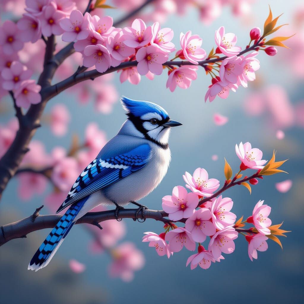 Blue Jay on Cherry Blossom Tree in Hyperdetailed Concept Art