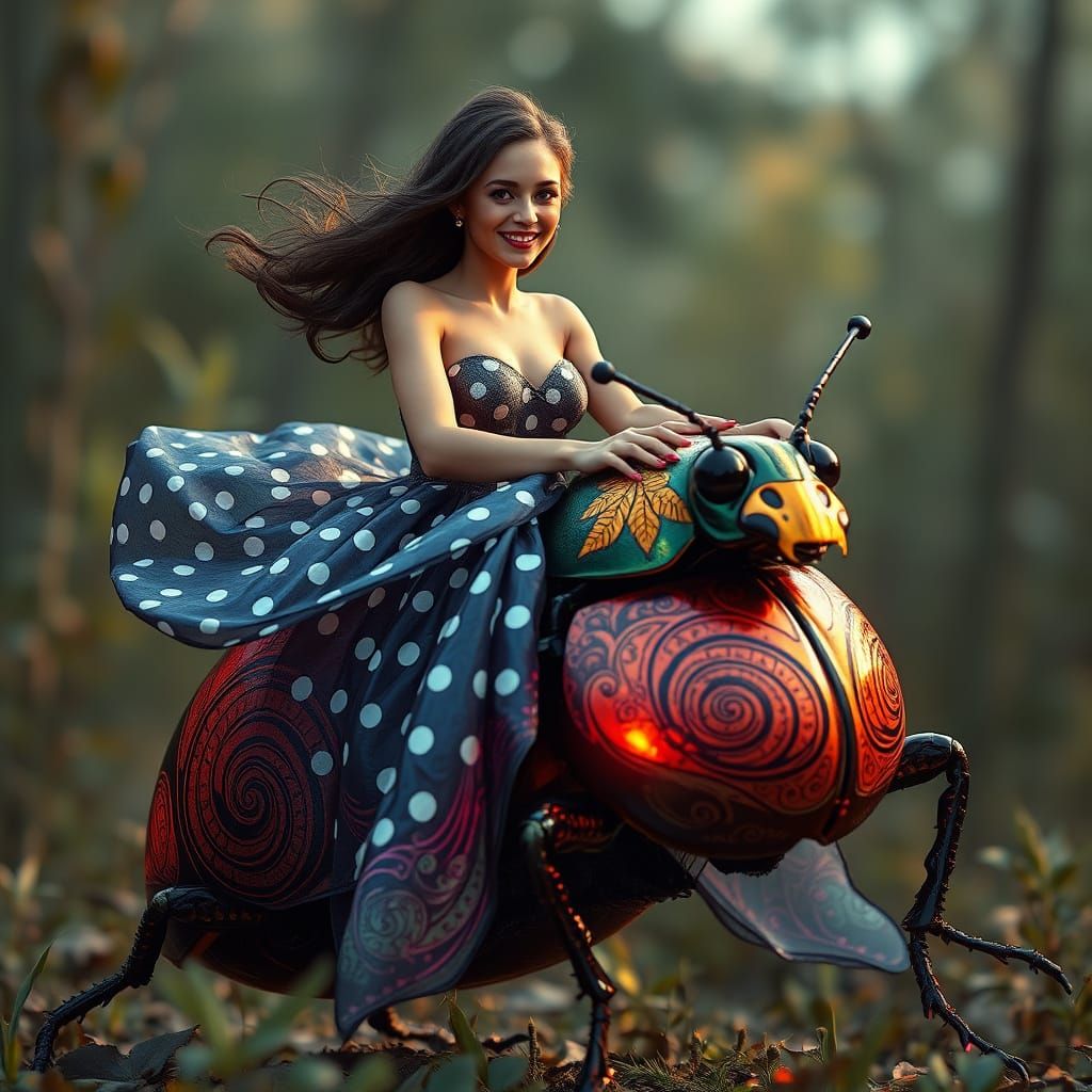 Woman Rides Iridescent Beetle in Polka Dot Gown