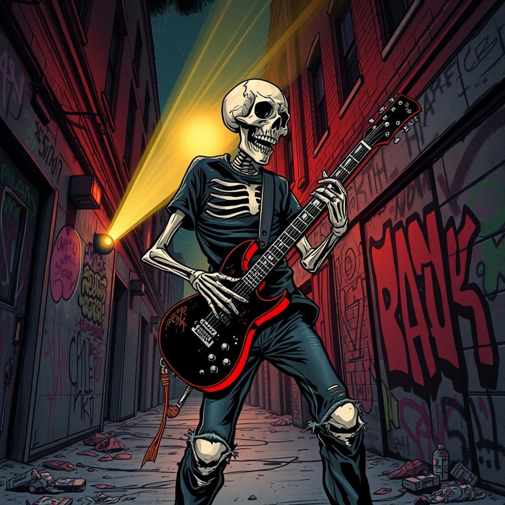 Punk Rock Skeleton Guitarist in Urban Night Scene