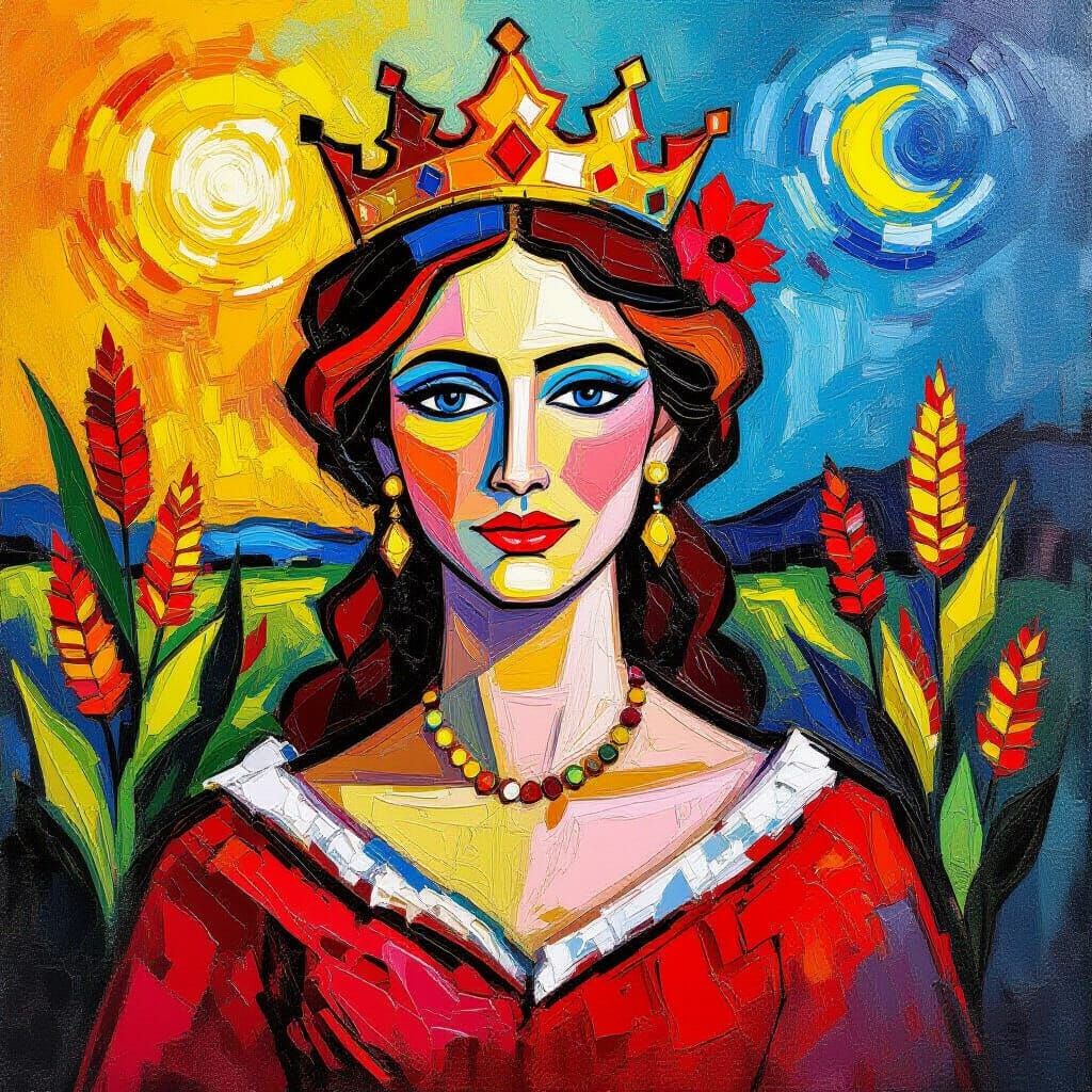 Regal Queen of Red Corn in Neo-Impressionist Style