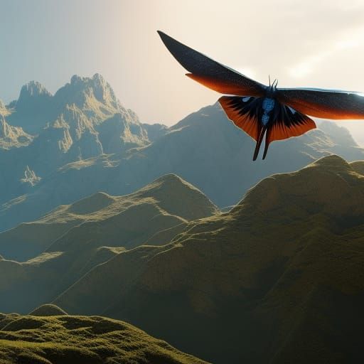 Orange Moth Soaring Over Mountains: Fantasy Concept Art