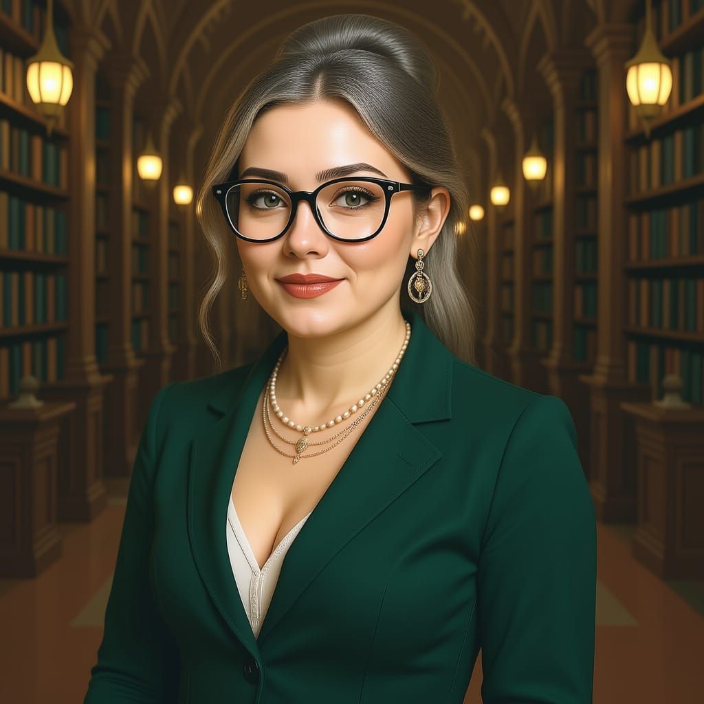 Sassy Librarian in Grand Library, Golden Light
