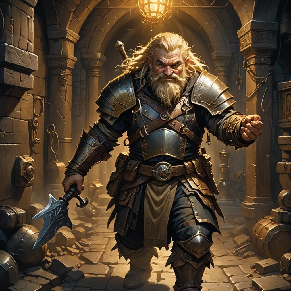 Dwarf Thief Merrik in a Dark Fantasy Chamber