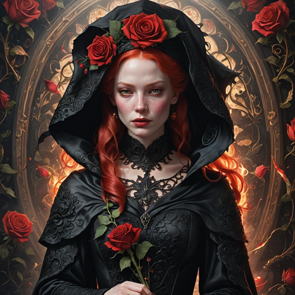 Albino Femme Fatale in Black Baroque Dress