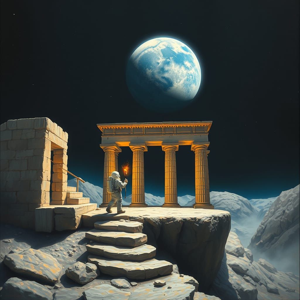 Astronaut at Lunar Temple: Photorealistic Oil Painting