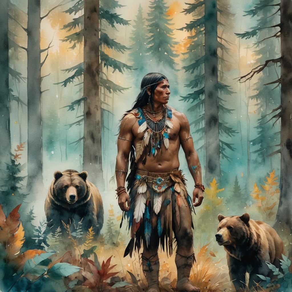 Native American and Bear in Watercolor Style