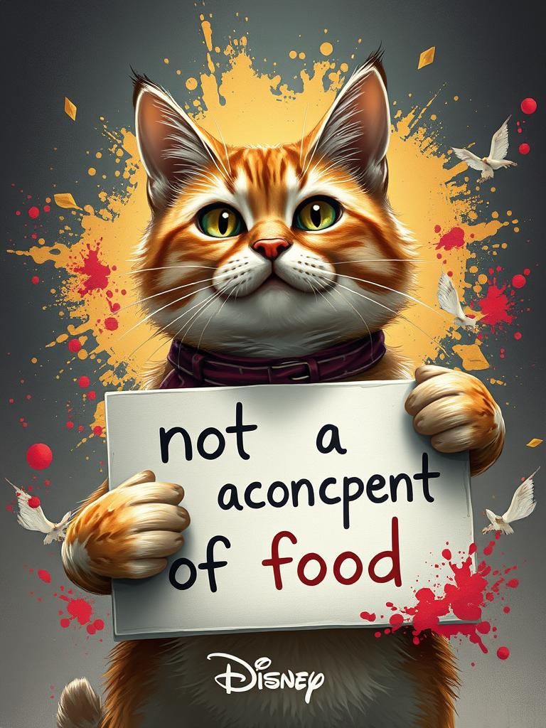 Cat Holding Sign in Maximalist Digital Art