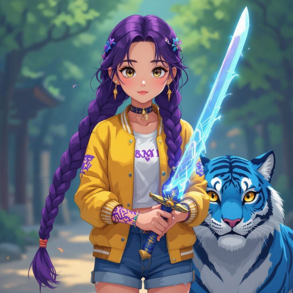 Anime Girl with Blue Tiger and Glowing Sword