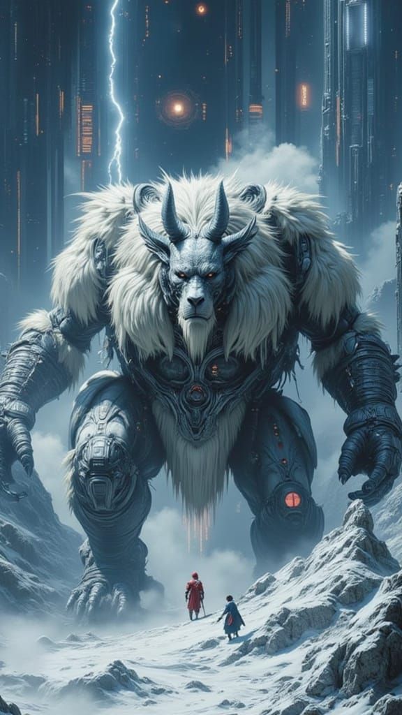 Colossal Cybernetic Beast in Snowy Mountain Landscape