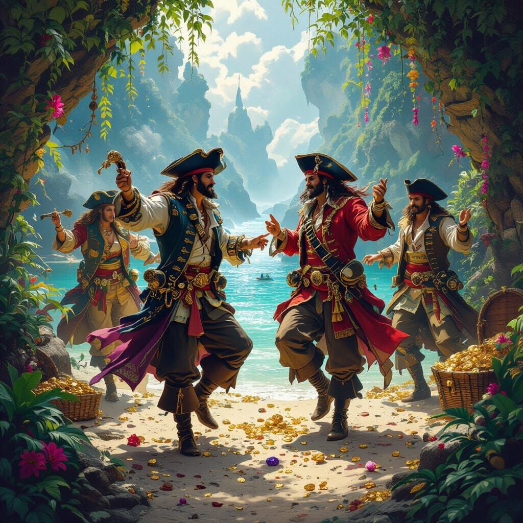 Pirates Dancing in a Treasure Cove: Fantasy Art