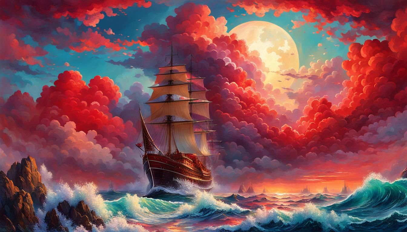 Silkpunk Clouds Over Crystalline Ocean, Oil Painting