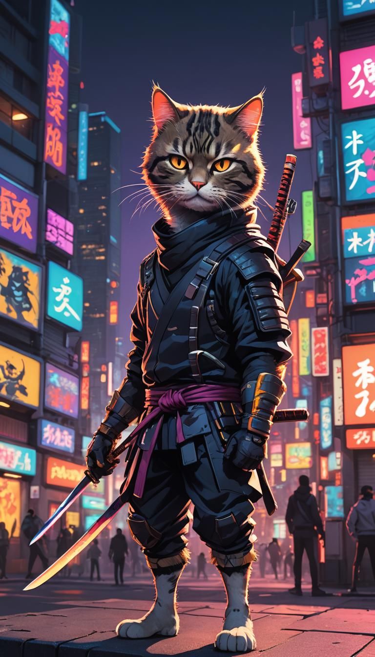 Ninja Cat with Katana in Manga Style
