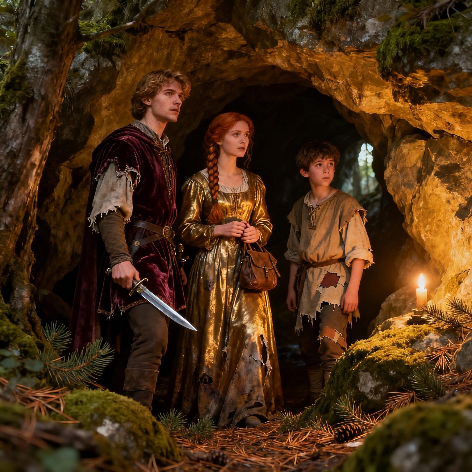 Medieval Prince and Companions Seek Shelter in Forest Cave