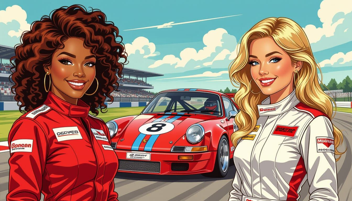 Retro 70s Illustration of Women Race Car Drivers and Porsche