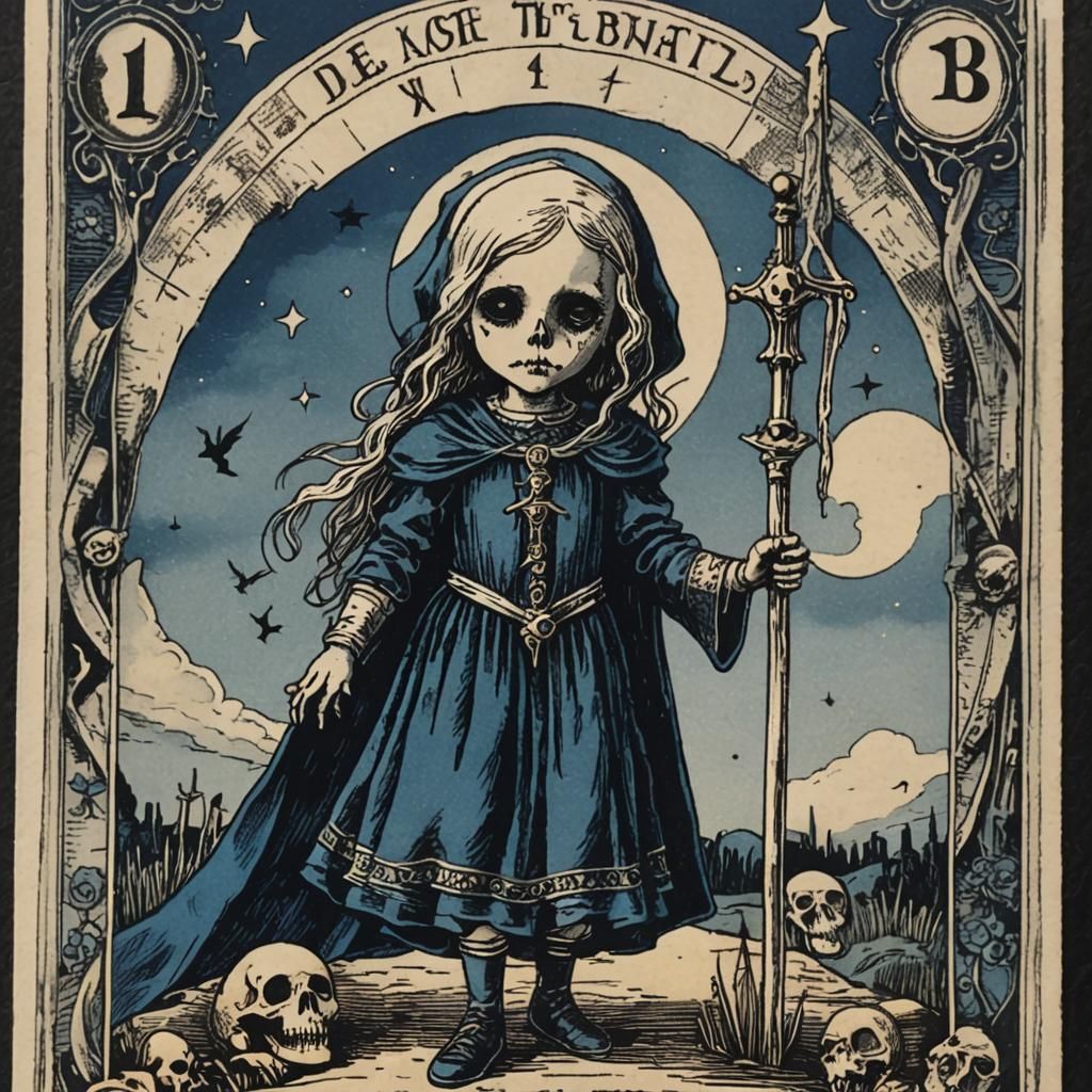 Death Tarot Card with Blind Girl in Blue and Silver