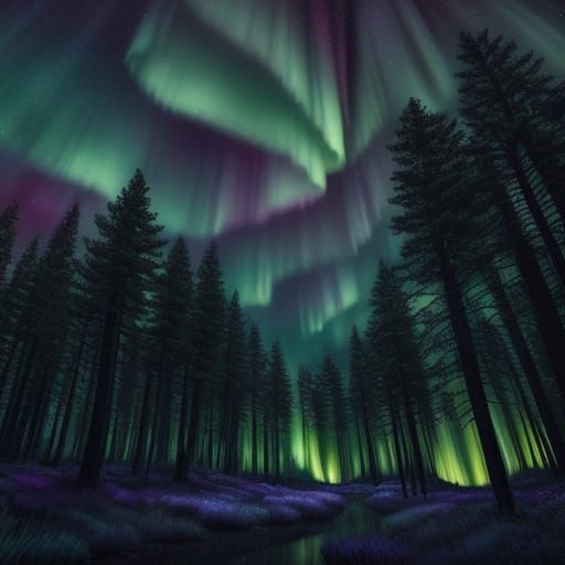 Lush Forest Under Vibrant Aurora Borealis Sky