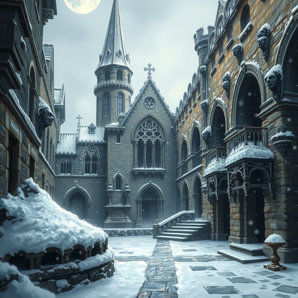 Gothic Castle Courtyard in Winter Snowfall