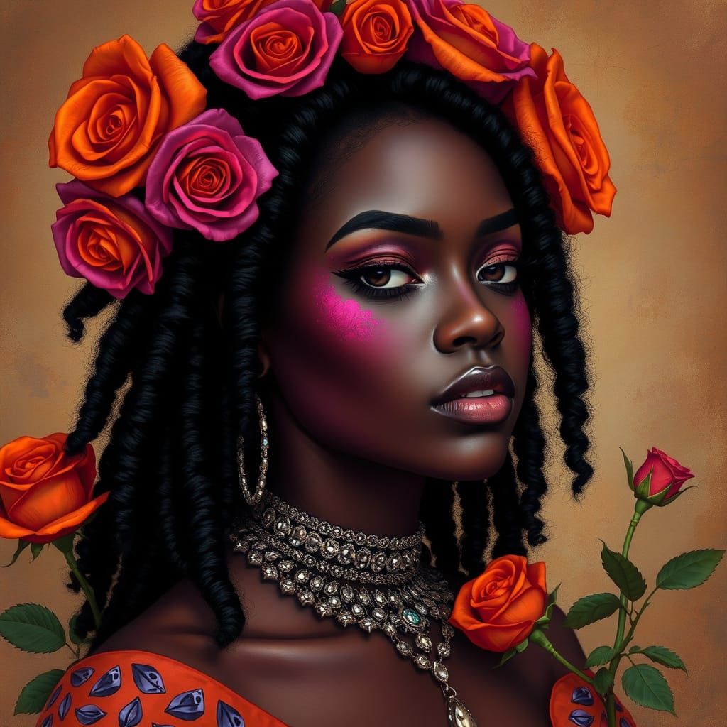 African Goddess Adorns Herself with Vibrant Roses in a Rich,...
