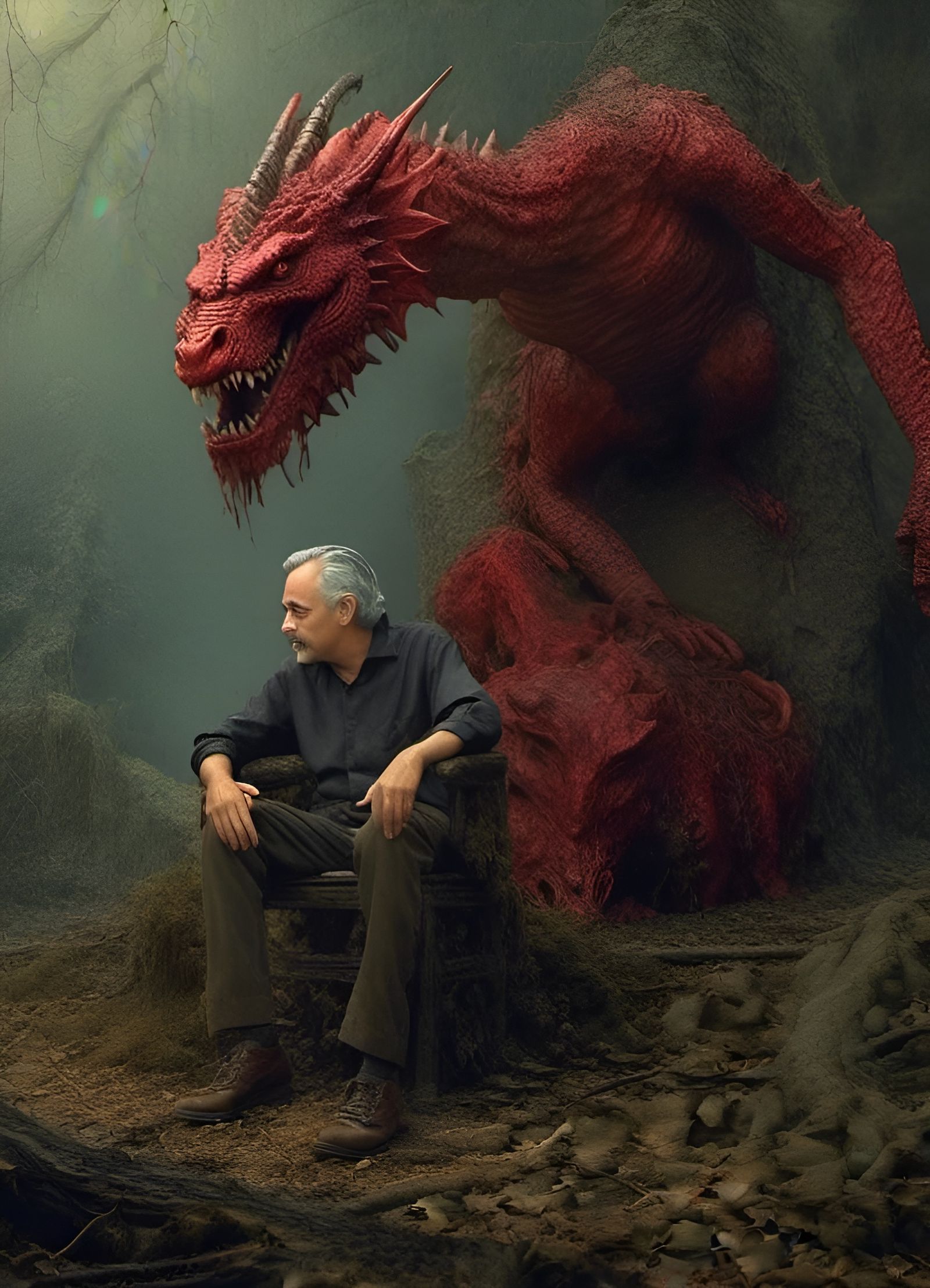 Wild Man Chatting With Red Dragon, Surreal Digital Art