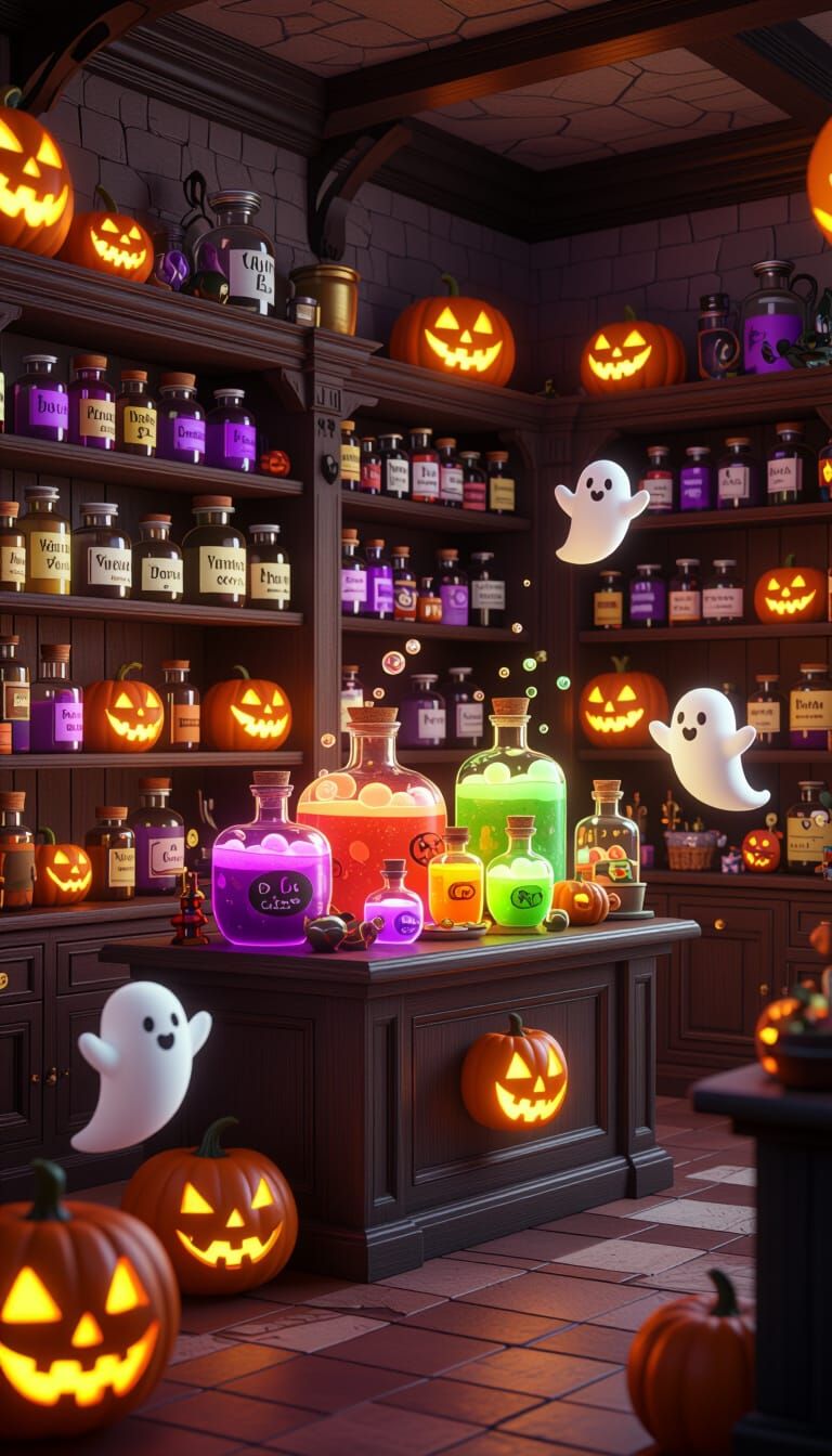 Magical Halloween Potion Shop: Cute Pharmacy CGI Render