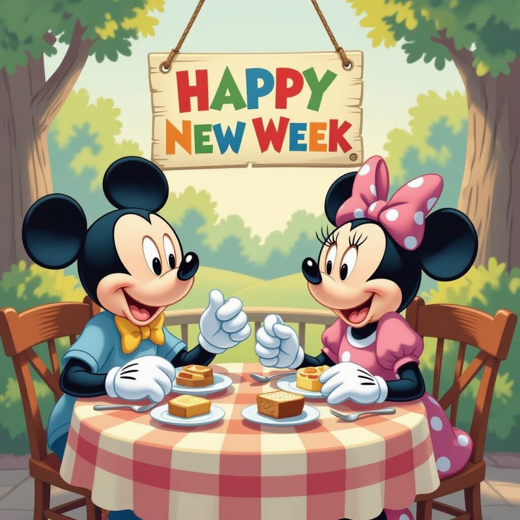Mickey and Minnie Enjoy Breakfast With "Happy New Week" Sign