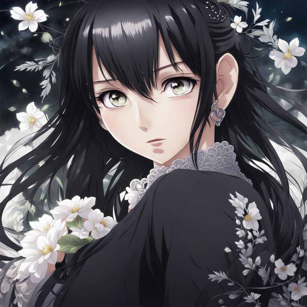 Anime Style Woman with Black Hair and White Eyes