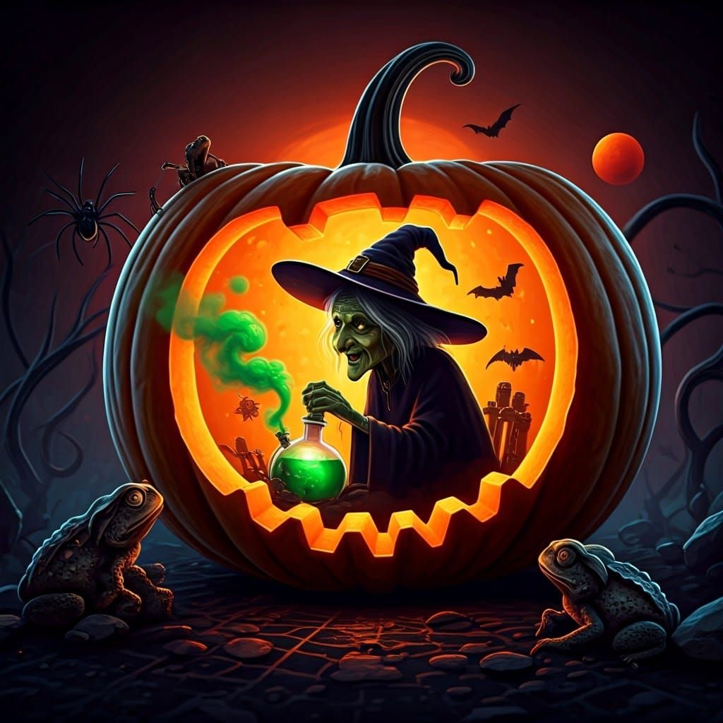 Halloween Witch Brews Potion Inside Pumpkin Silhouette