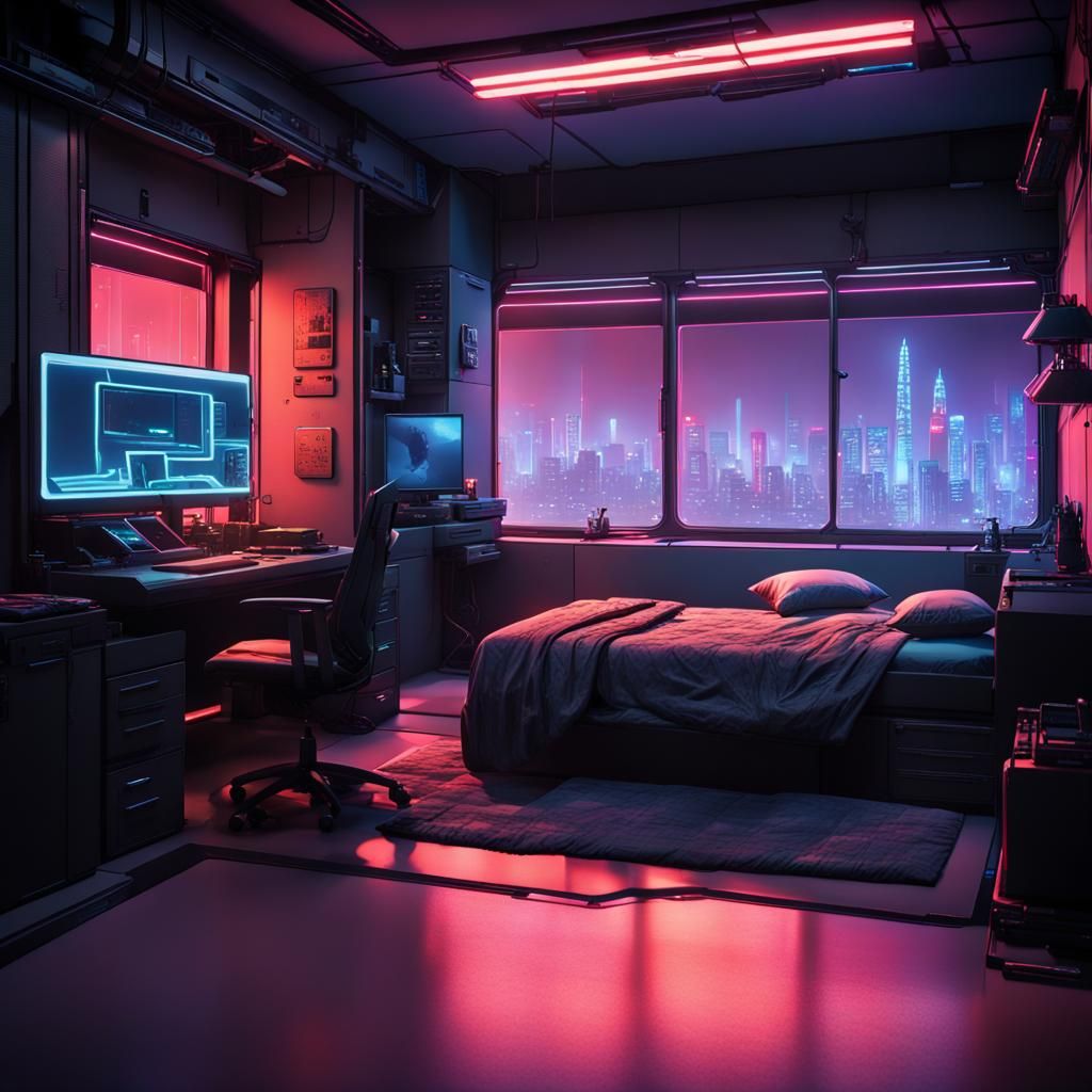 Cyberpunk Apartment Interior in Neo-Tokyo