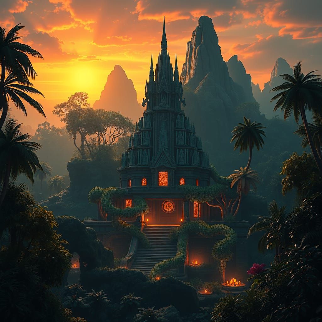 Mystical Jungle Temple at Sunset: Digital Art