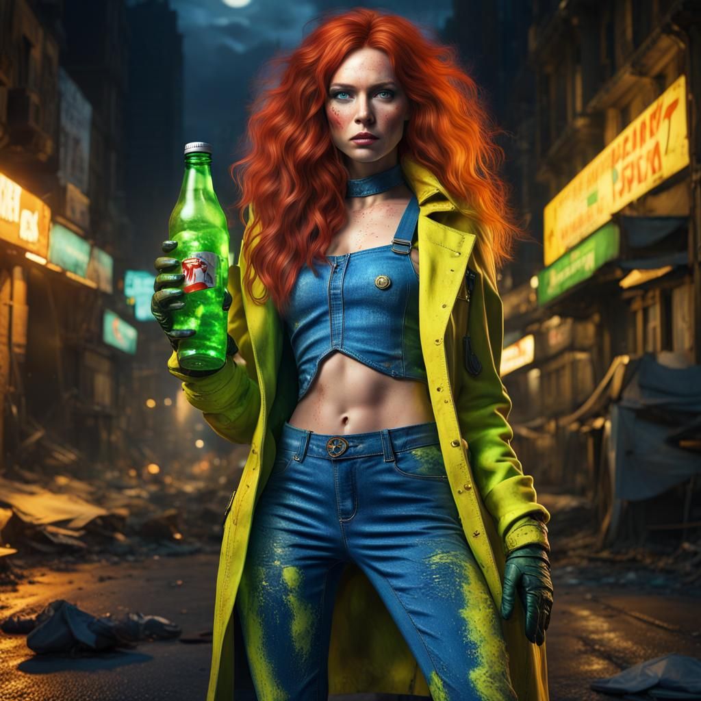 Frazzled Soldier in 70s Catsuit with Neon Soda