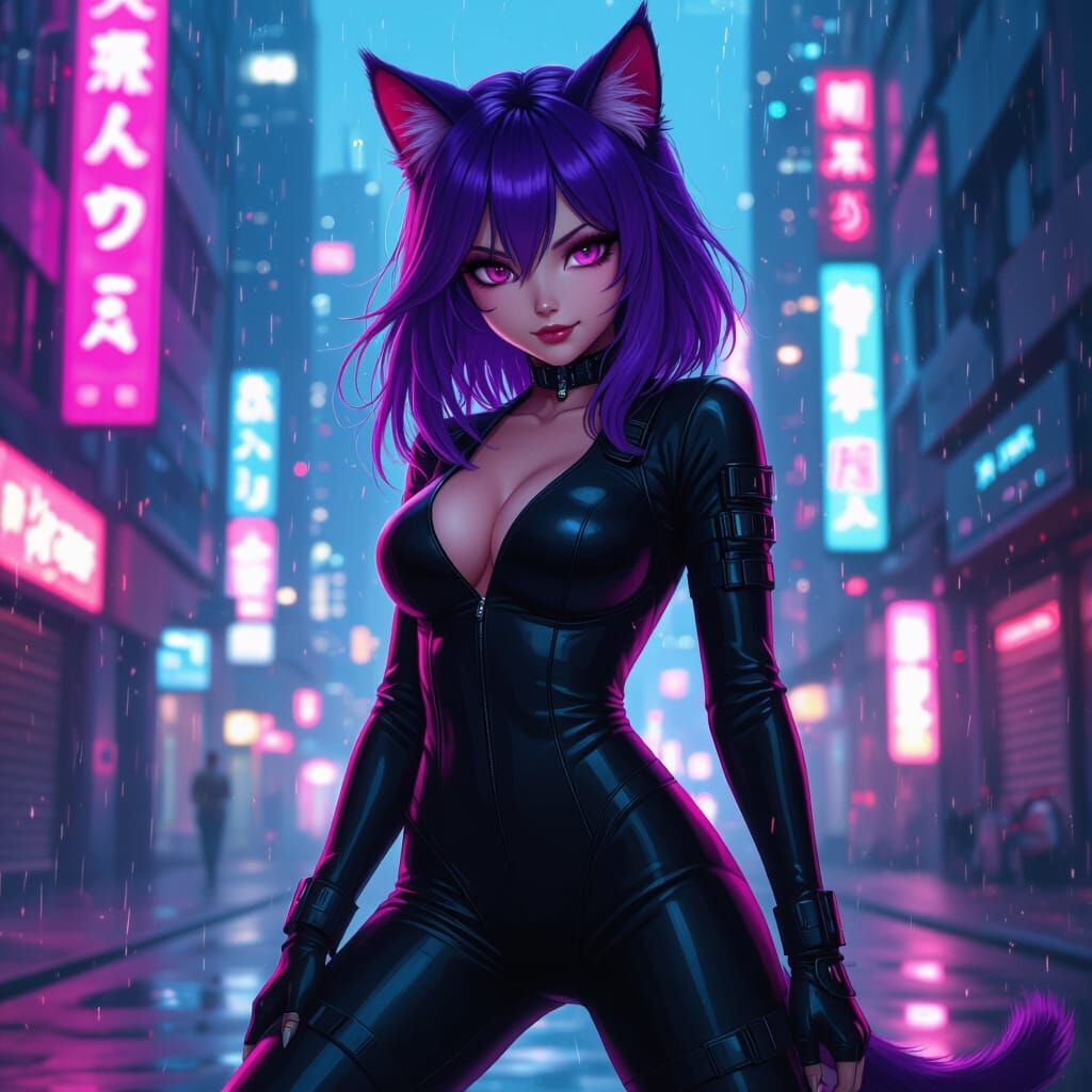 Furry Cat Girl in Neon Cyberpunk City