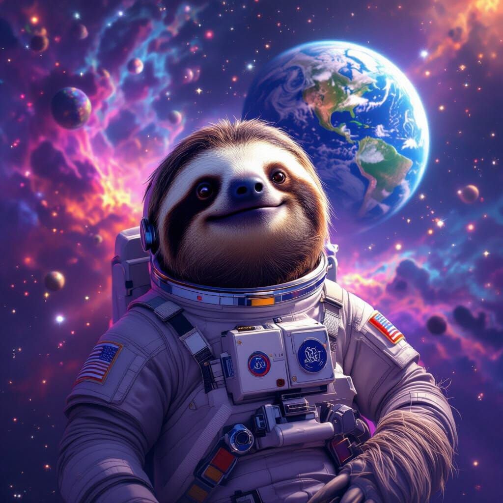 Smiling Sloth Astronaut Floats Serene in Cosmic Space