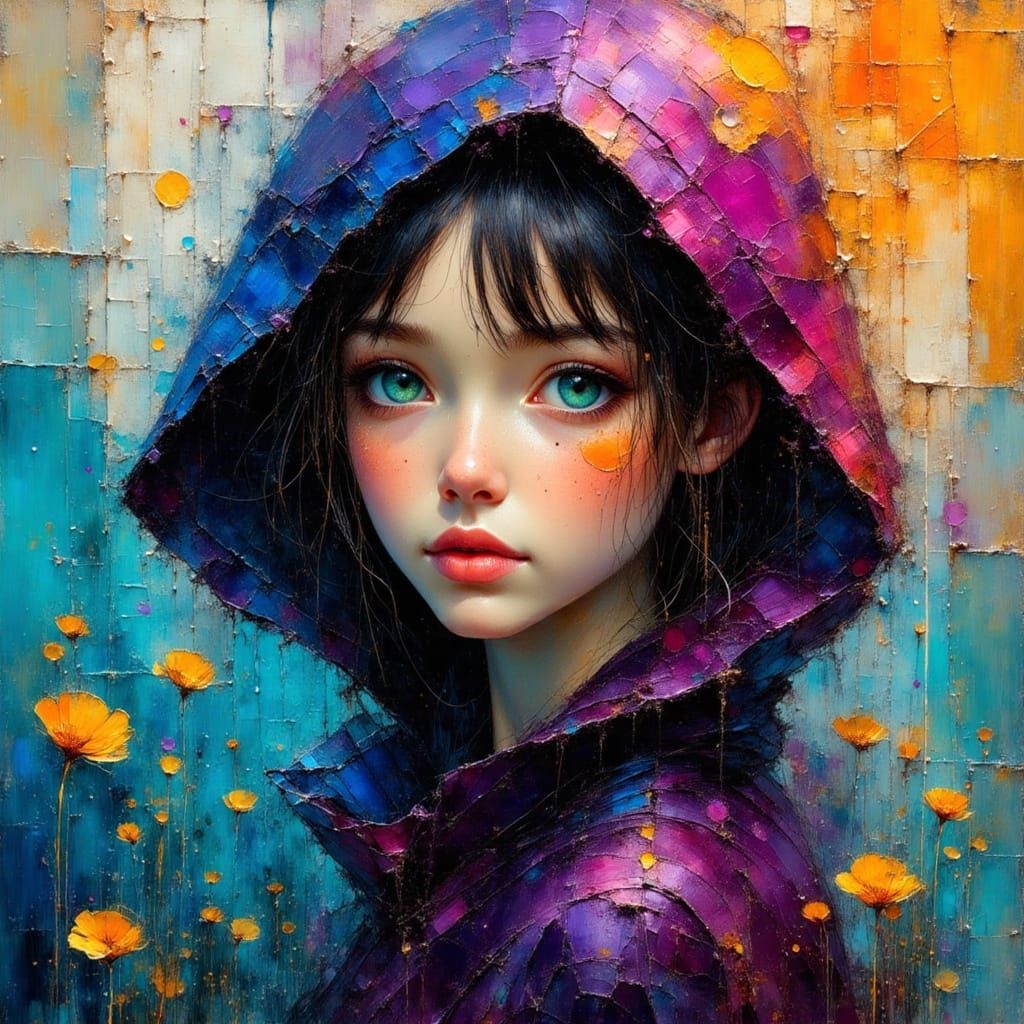 Striking Woman in Hooded Cape, Impasto Oil Painting