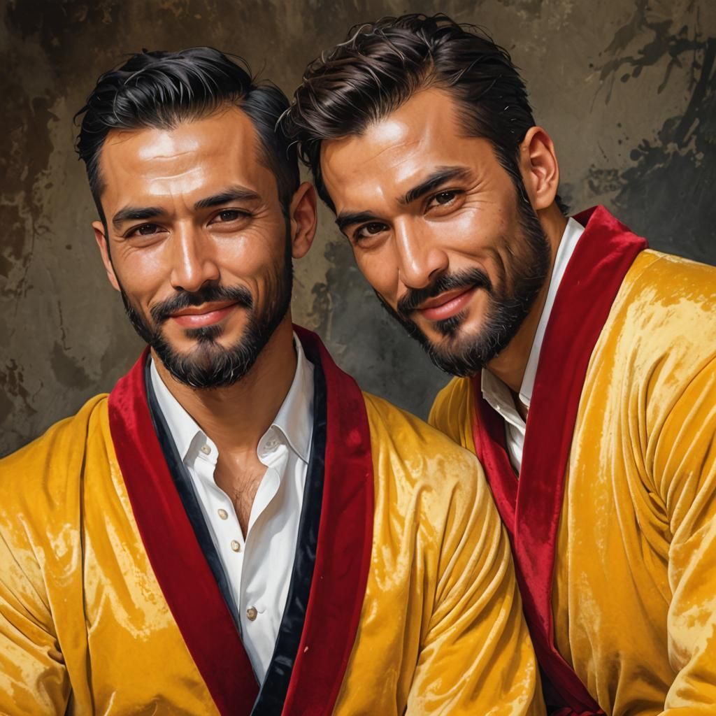 Detailed Portrait of Two Men in Velvet Bathrobes