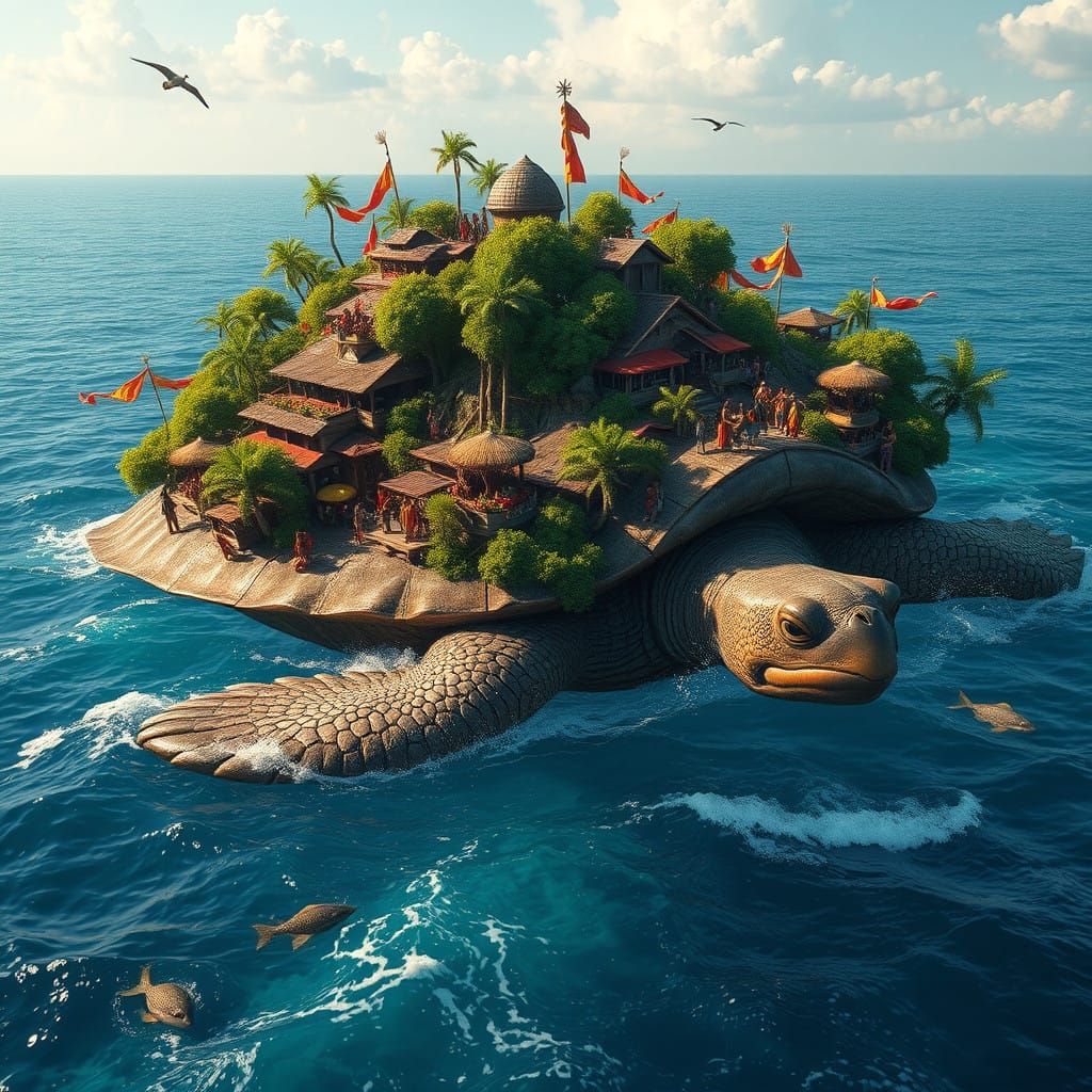 Vibrant Tribal Village on a Tortoise's Shell, in Fantasy Mat...