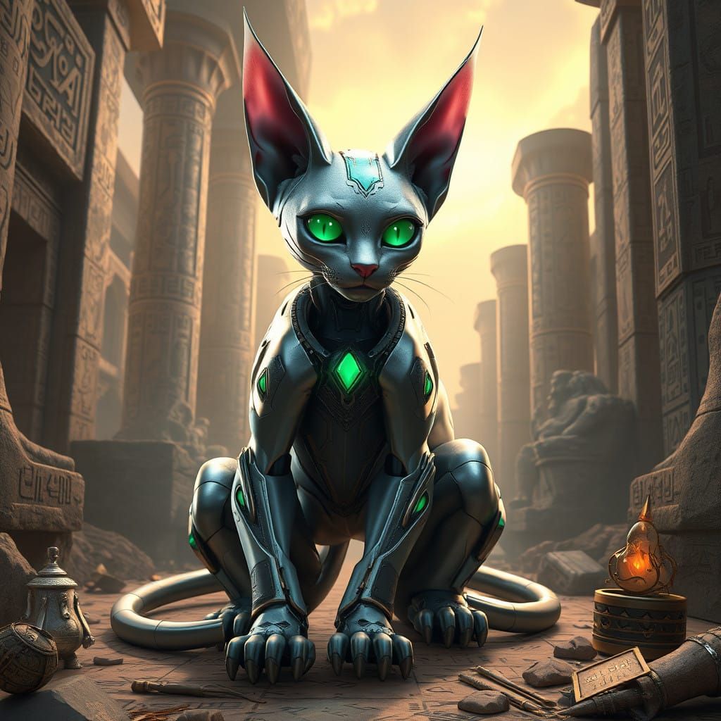 Cyberpunk Robot Sphinx Cat Reigns Ancient Egyptian Ruins