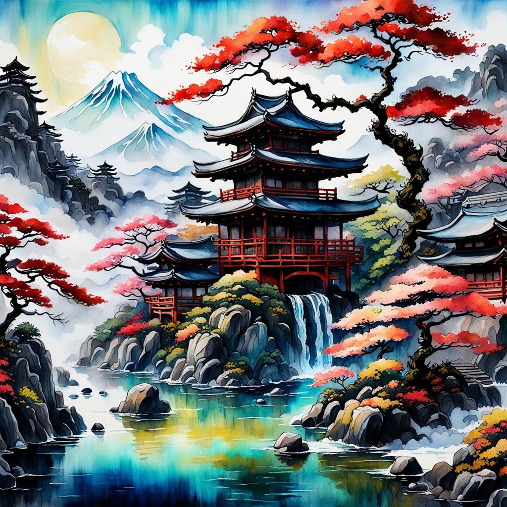 Japanese Fantasy Landscape in Watercolor and Ink
