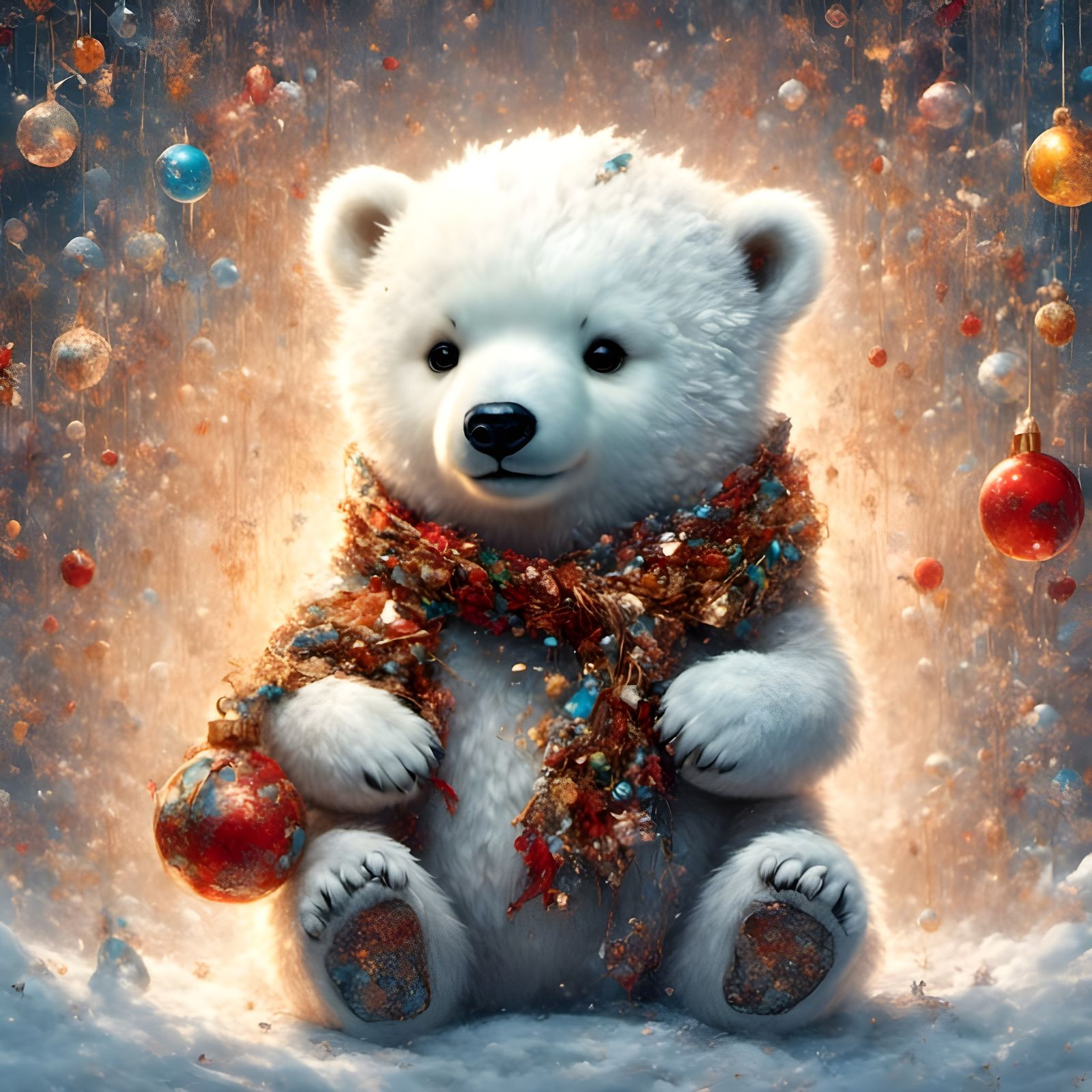 Vibrant Christmas Polar Bear Cub in Whimsical Chibi Style