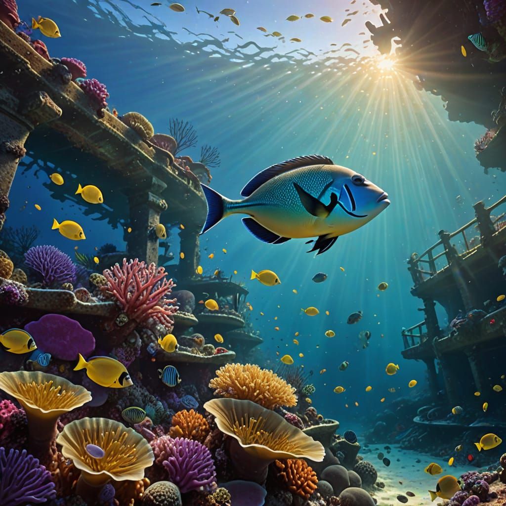 Colorful Triggerfish School Near Sunken Ship in Fantasy Styl...