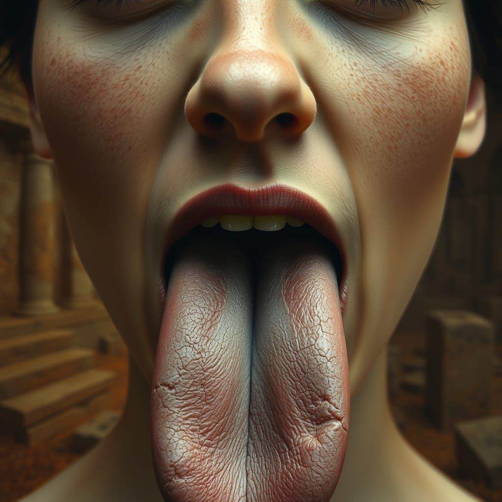 A Person's Stony Tongue Amidst Ancient Ruins