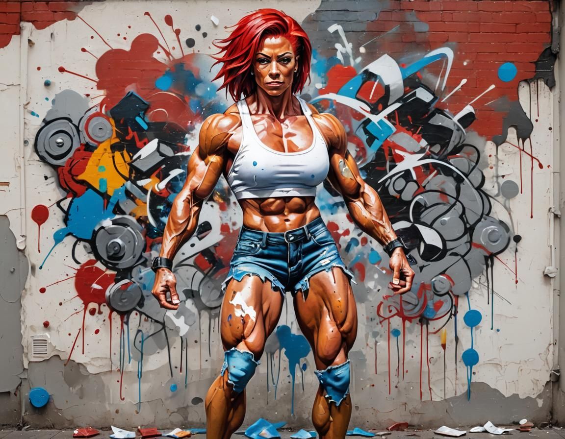 Muscular Female Bodybuilder in Graffiti Art Style