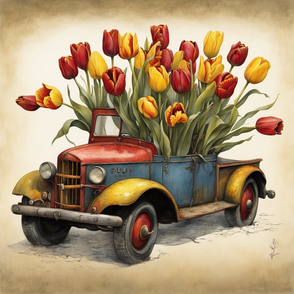 Creepy Avant Garde Pickup Truck Full of Colorful Tulips
