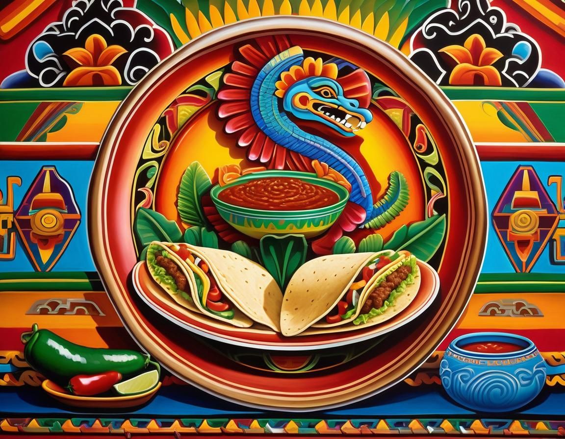 Aztec Mural of Tacos with Mexican Folk Art