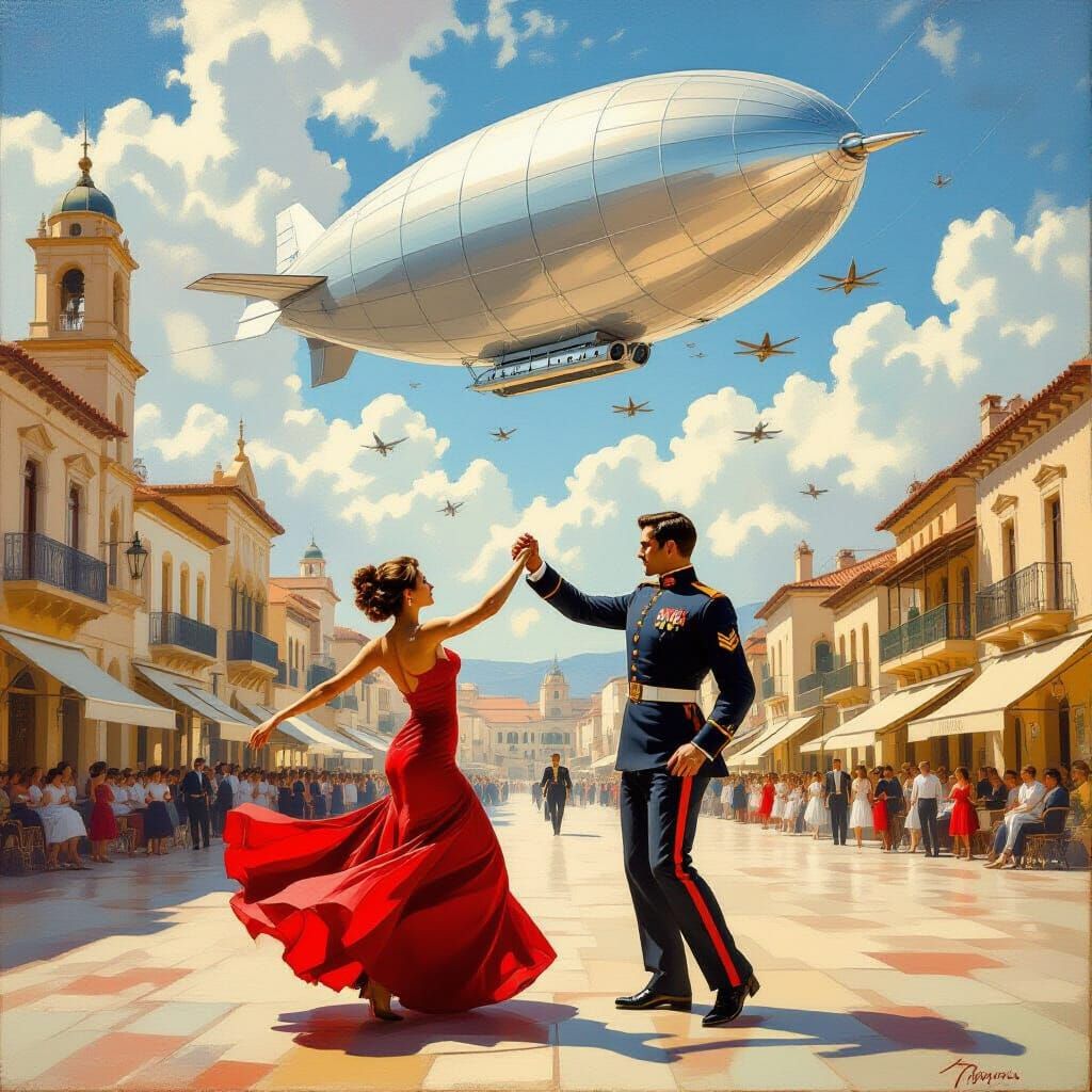 Passionate Tango Under Golden Light with Silver Airship