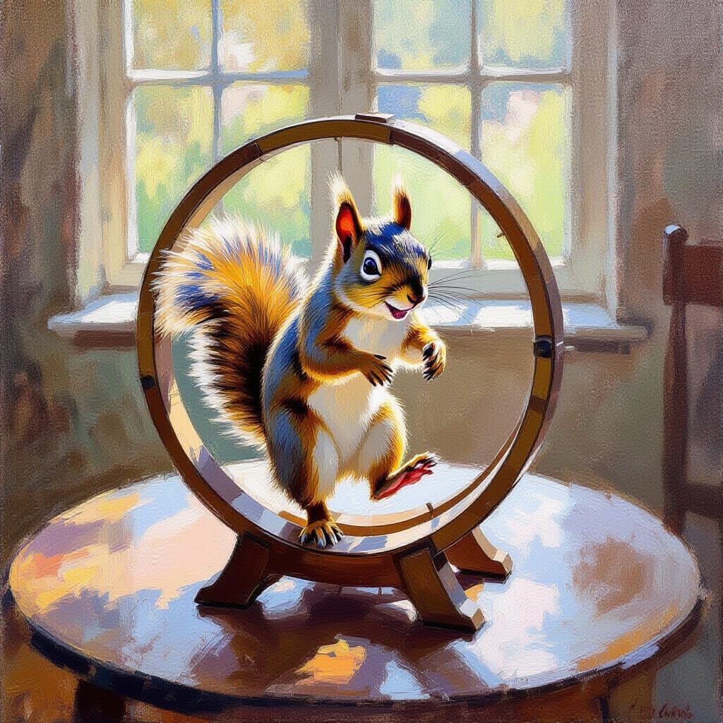 Squirrel in Wheel: Impressionistic Living Room Scene