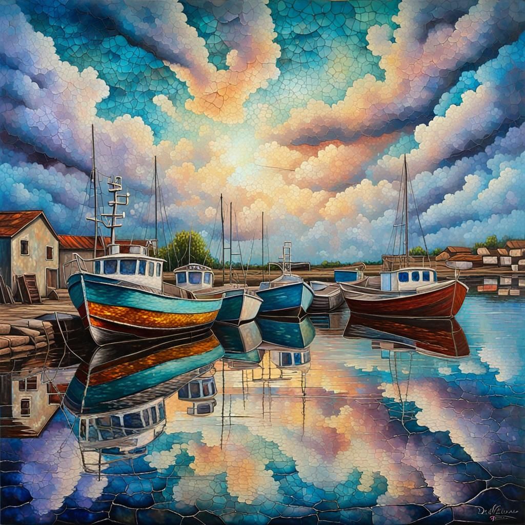Iridescent Harbor Town: Acrylic Painting with Glass Effect