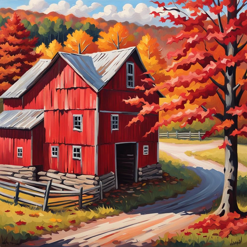 Rustic Red Barn in Autumn, Impressionist Oil Painting