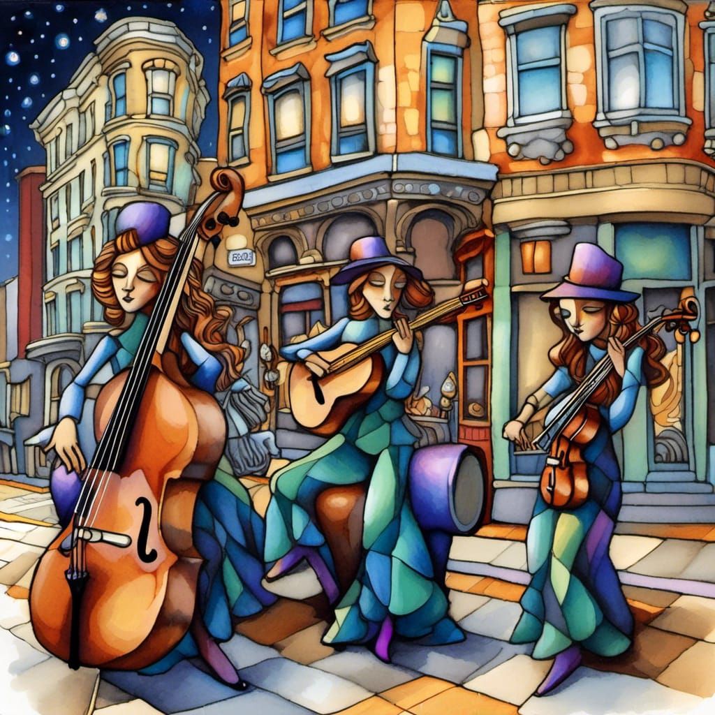 bohemian all female jazz band musicians busking on a corner ...