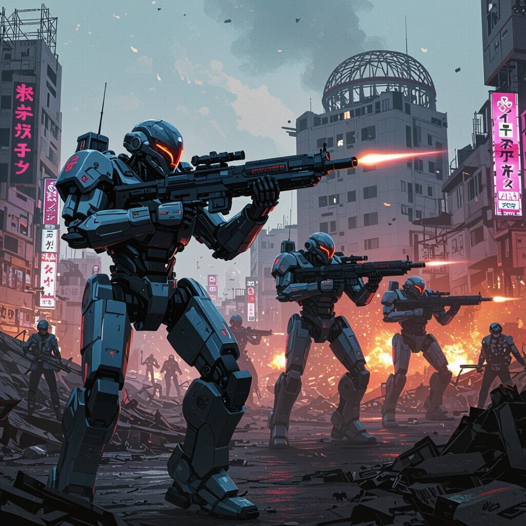 Robots Invade Hiroshima in Cyberpunk Style