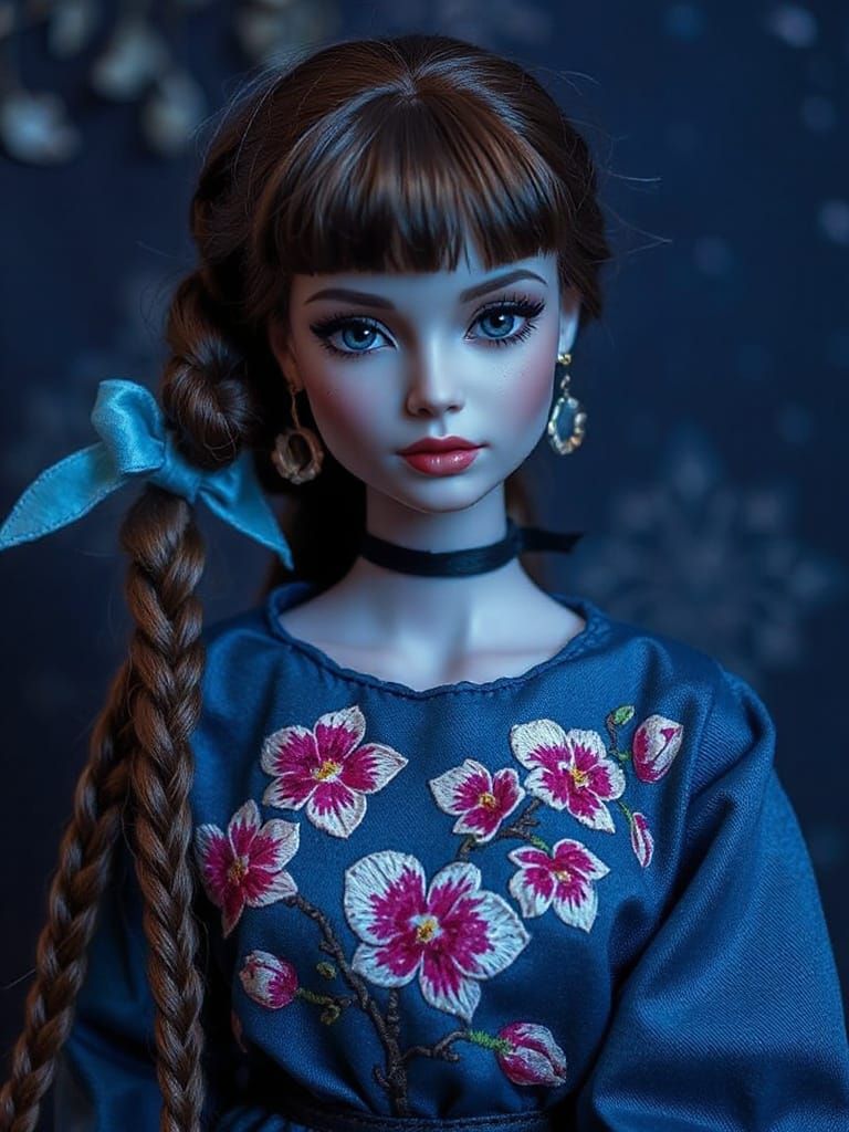 Gothic Russian Barbie Doll with Orchid Embroidery